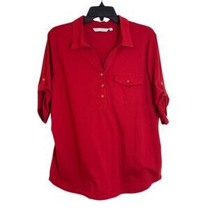 Emily Daniels XL Collared V Neck Breast Pocket Adjustable Short Sleeves Red Top